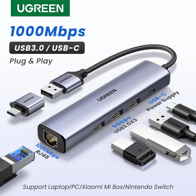 Αντάπτορας Ethernet USB-C με RJ45 1000Mbps και Hub USB