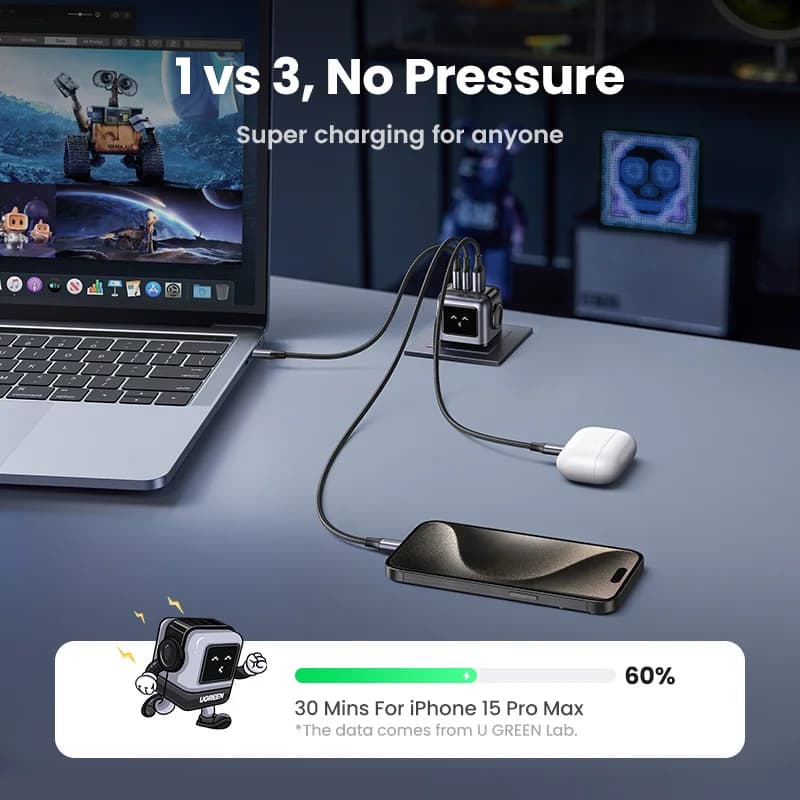 Γρήγορος Φορτιστής GaN USB-C 65W με Πρίζα UK