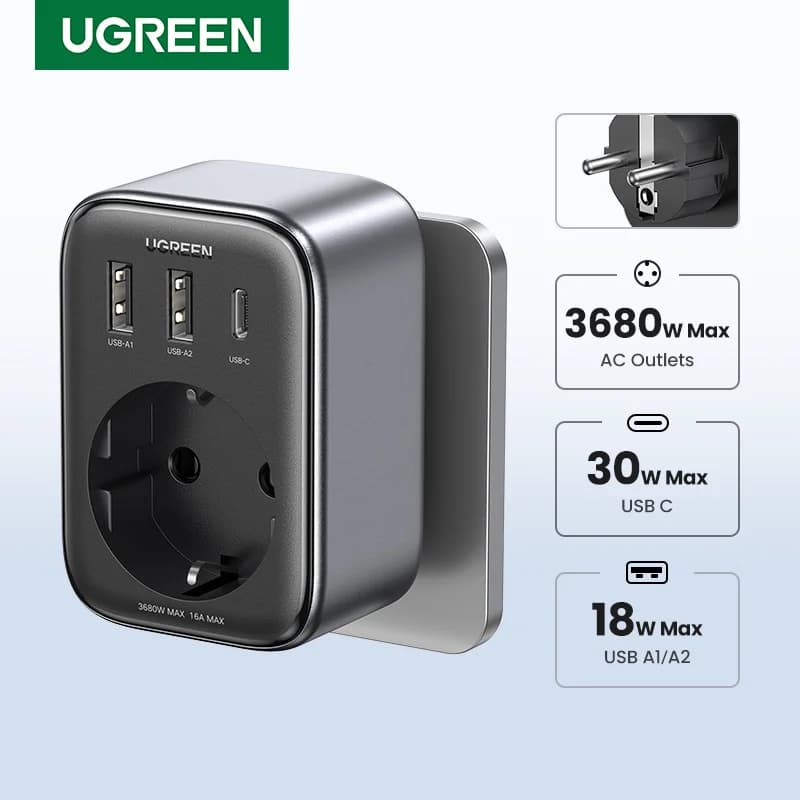 Φορτιστής GaN PD 30W με πρίζες AC και θύρες USB